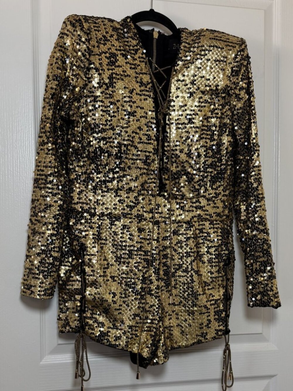 Zhivago The Breaks Gold Sequin Long Sleeve Playsuit Romper Lace Up US 10